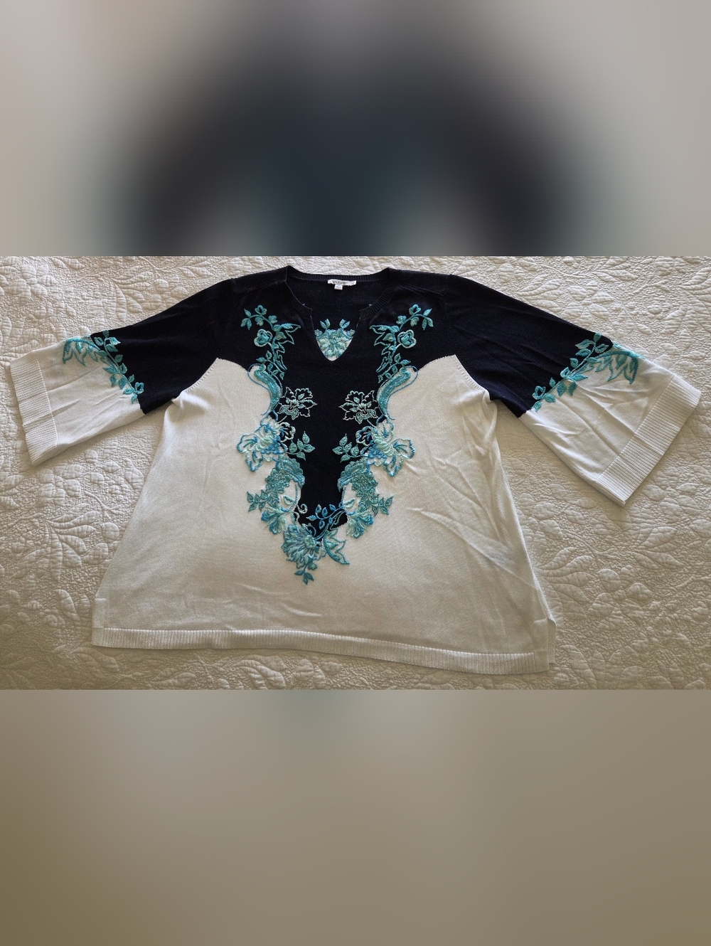 Chico's Navy and White Sweater with Teal Floral Embroidery